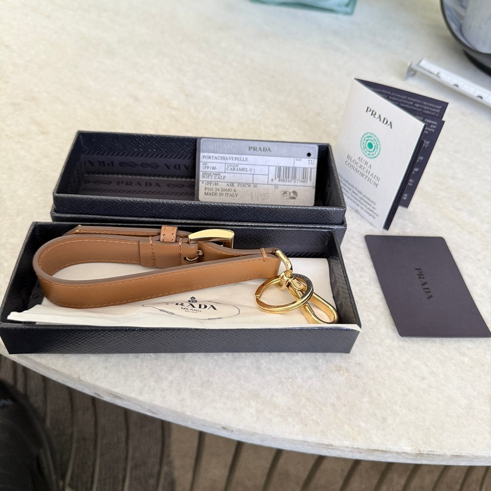 Prada Soft Leather Keychain Wristlet Brown & Gold 1PP186 Made in Italy - Picture 11 of 12